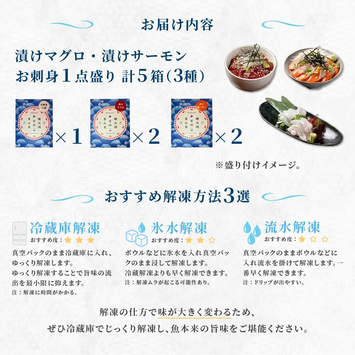 [5525-1122]噴火湾そのまんま 漬けマグロ2箱、漬けサーモン2箱、お刺身1点盛り1箱の計5箱 旬菜一鮮 だて大和屋 厳選 魚介 海鮮 刺身 刺し身 小分け 新鮮 魚介類 魚貝類 加工食品 贈答 ギフト 贈り物 ご褒美