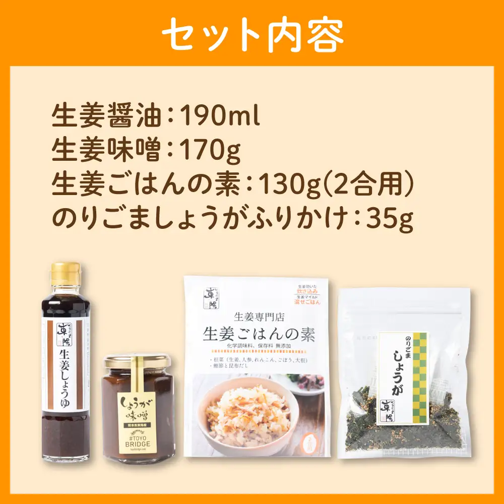 温活セット 生姜を使った加工品4点セット 生姜 温活 厳選 醤油 味噌 ふりかけ ごはんの素 熊本県産 八代市産 国産 しょうが しょうゆ みそ