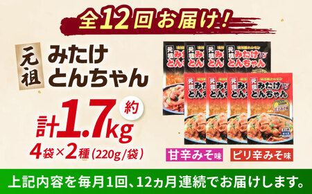 【12回定期便】「元祖みたけとんちゃん」甘辛＆ピリ辛 各4袋（16人前）[AVAA017]ホルモン 定期