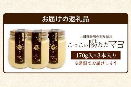 ＼濃厚卵のマヨネーズ／瓶詰め マヨネーズ 3本セット | 上田養鶏場のこっこの陽なたマヨ 170g | マヨネーズ マヨ 調味料 たまご 平飼い お料理 安心 安全 玉子 サラダ ディップ ポテトサラダ ドレッシング 送料無料　B-812