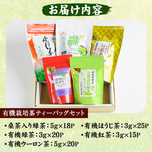 No.1201 ＜ティーバッグ＞日置市の有機栽培茶(5種・合計98P) 国産 九州 お茶 茶葉 日本茶 緑茶 ウーロン茶 烏龍茶 桑茶 べにふうき 紅茶 ほうじ茶 焙じ茶 ティーバッグ 水出し 飲み比べ 詰め合わせ セット【春日園 川路製茶】