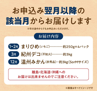 G60-T84_【定期便 全3回】紀州和歌山産旬のフルーツ定期便（温州みかん、いちご、紀州デコ）