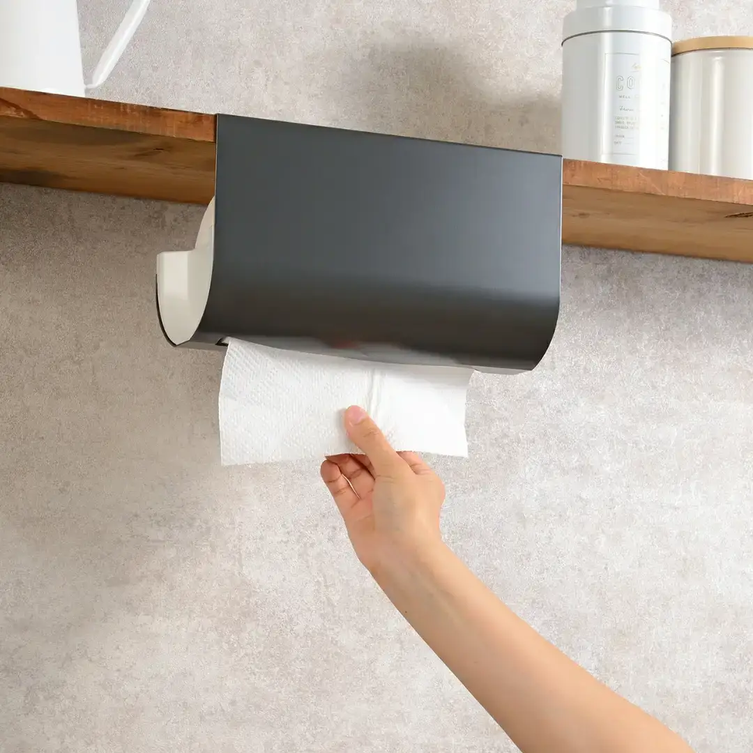 片手でカット 吊り下げキッチンペーパーハンガー グレー