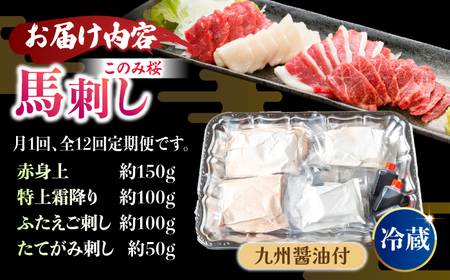 【12回定期便】鮮度抜群！冷蔵お届け 特上含む 馬刺し このみ桜プレミアム4点セット 計400g 赤身(150g) 特上霜降り(100g) ふたえご刺し(100g) たてがみ刺し(50g)【馬庵このみ】赤身 霜降り 冷蔵 食べ比べセット