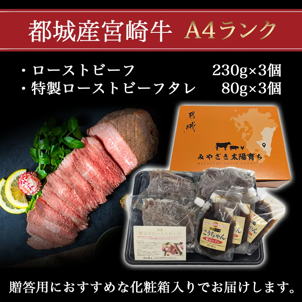宮崎牛ローストビーフ 230g×3個〔AF-2602〕_(都城市) 都城産宮崎牛 A4ランク ローストビーフ 230g×3個 特製ローストビーフタレ 80g×3個 ギフト 贈答用 おつまみ 牛肉 モモ肉 丼 サンドイッチ アレンジ