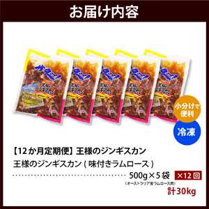 【12か月定期便】王様のジンギスカン（味付きラムロース）5袋(2.5kg)×12回 計30kg