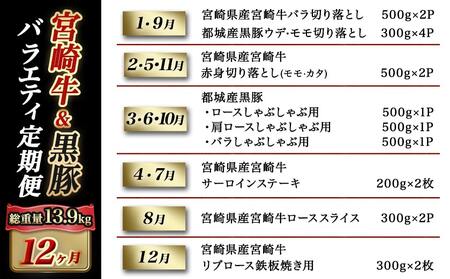 宮崎牛&黒豚 まるゆうバラエティ定期便(12ヶ月)_TAC12-N401_(都城市) 国産 宮崎牛 黒毛和牛 ローススライス サーロインステーキ 切り落とし 霜降り 赤身 黒豚 しゃぶしゃぶ 定期便 牛肉 豚肉 TAC12-N401 宮崎県都城市