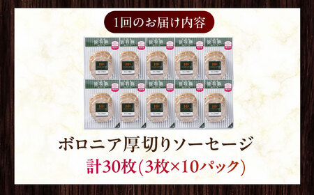 【全2回定期便】【訳あり】【結着剤・発色剤・保存料不使用】 放牧豚 ボロニア厚切りスライスソーセージ 3枚x10セット（130g/パック） 訳あり ソーセージ ウインナー 無塩せき 冷凍配送 セット 詰合せ 北海道 [AXBA078]