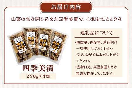 木沢特産 ふるさとの味 四季美漬 (しょう油漬) 250g×4袋【徳島県 那賀町 国産 山菜漬け 醬油漬 漬物 漬け物 加工品 山菜 味付き ごはんのおとも ご飯のお供 惣菜 おかず 副菜 小鉢 調味済み おつまみ お酒の肴 時短 お土産 お取り寄せ】MO-5