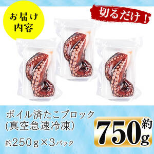 【数量限定】志布志湾ボイル済たこブロック 約750g(約250g×3P) 蛸 タコ 地だこ 刺身 急速冷凍 冷凍 サラダ カルパッチョ キムチ a6-054