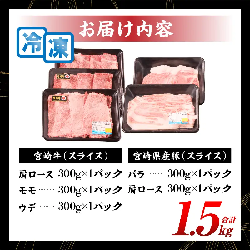 宮崎牛 宮崎県産豚 5種 食べ比べ スライス セット 合計1.5kg 数量限定 肉 牛肉 豚肉 豚バラ 国産 食品 A4 A5 黒毛和牛 和牛 肩ロース モモ ウデ すき焼き しゃぶしゃぶ 牛丼 豚しゃぶ おかず お弁当 ご褒美 お祝 記念日 贈り物 ギフト 贈答 冷凍 宮崎県 日南市 送料無料_DC24-24