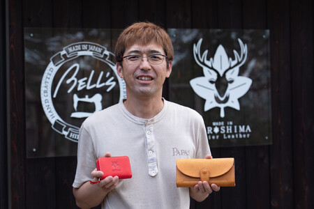 広島ジビエレザー　鹿革ボックス型二つ折りコインケース【02キャメル】