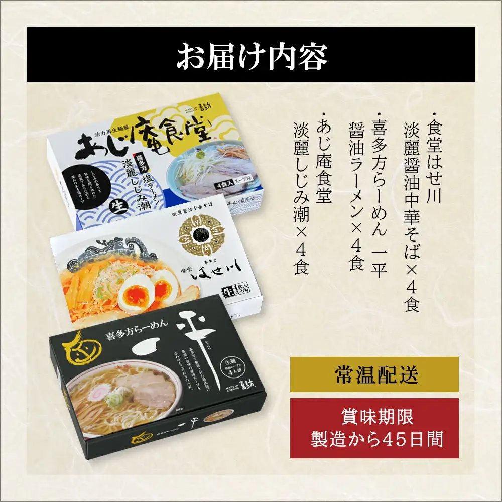 喜多方ラーメン 行列店 ３店舗 セット 食堂はせ川 喜多方らーめん 一平 あじ庵食堂 各４食 計12食（4食/箱×３箱） 【07208-0481】
