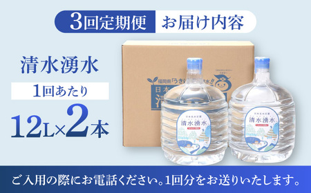 【3回お届け】赤ちゃんも安心して飲める 清水湧水 軟水 ウォーターサーバー用ボトル 12L 2本 U027-3DR-WT12-03
