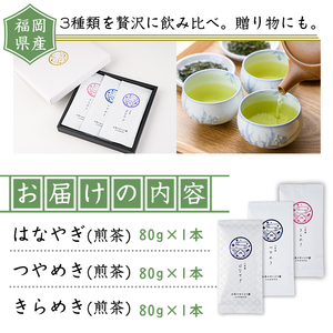福岡県産八女茶 おすすめ飲み比べ(煎茶80g×3本) お茶 緑茶 八女茶 煎茶 茶 茶葉 飲み比べ 常温 常温保存【ksg1605】【お茶の星陽園】