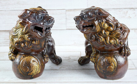 鋳込み　玉獅子　雌雄ペアセット【茶】　シーサー