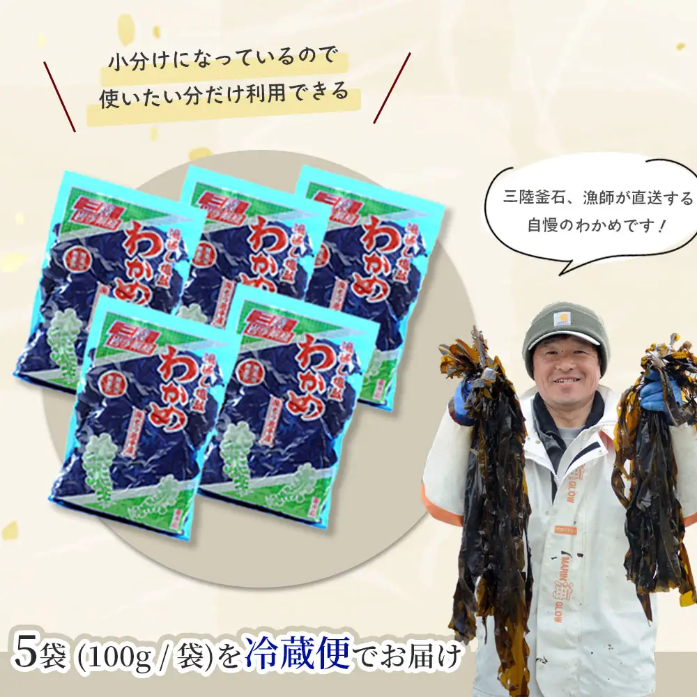 fn-72-001 三陸釜石・漁師直送 湯通し塩蔵わかめ（100g×5袋) 両石港 隆丸