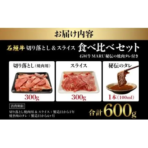 切り落とし焼き肉用とスライスの食べ比べ 合計600g &石垣牛 MARU秘伝の焼肉タレ100ml×1本 　 IM-32