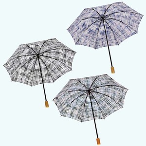 レディース 晴雨兼用傘 折傘 561701 麻 手書き風チェック柄 日本製 ブラックXグレー ／ まちづくり観光振興機構 折りたたみ 日傘 UV防止加工 紫外線対策 奈良県 田原本町