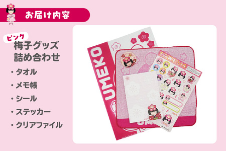 梅子グッズの詰め合わせ（ピンク） 梅子 グッズ タオル シール クリアファイル ファイル メモ帳 メモ 佐布里 梅 特産品 イラスト 日用品 観光大使 伝統工芸品 贈答 プレゼント 愛知県 知多市