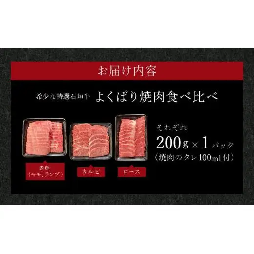 赤身（モモ、ランプ）とカルビとロース　よくばり焼肉食べ比べセット合計600g&石垣牛 MARU秘伝の焼肉タレ100ml×1本  IM-45