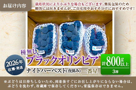 ［ご自宅・ご家庭用］ぶどう 2026年収穫・発送 ナイトハーベスト（夜摘み）種なし『ブラックオリンピア（一番星）』計800g以上 3房 人気 ブドウ フルーツ 果物【B646-26】