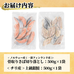 ＜訳あり＞ 甘塩 銀鮭と骨取りサバの切り落としセット(合計1kg・500g×各1袋) 小分け 魚【KI-25】【イチマル食品加工】