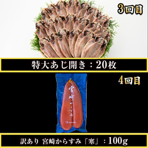 ＜定期便・全4回(連続)＞さかなのまち 門川 海の幸 定期便 ( 骨取り 肉厚 サバ切身×21切・味付けすりみ2種 計1.8kg、特大 あじ　開き×20切・訳あり からすみ100g) アジ さば カラスミ おかず 惣菜 骨とり 煮物 すり身 宮崎県 門川町【AW-64】【丸正水産】