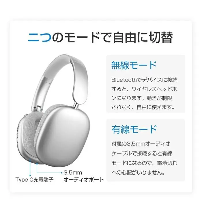 ワイヤレスヘッドホン＜グレー＞イヤホン ヘッドセット Bluetooth5.4 超低遅延 wireless マイク内蔵 自動ペアリング ノイズキャンセリング クリア通話 オーディオケーブル付き