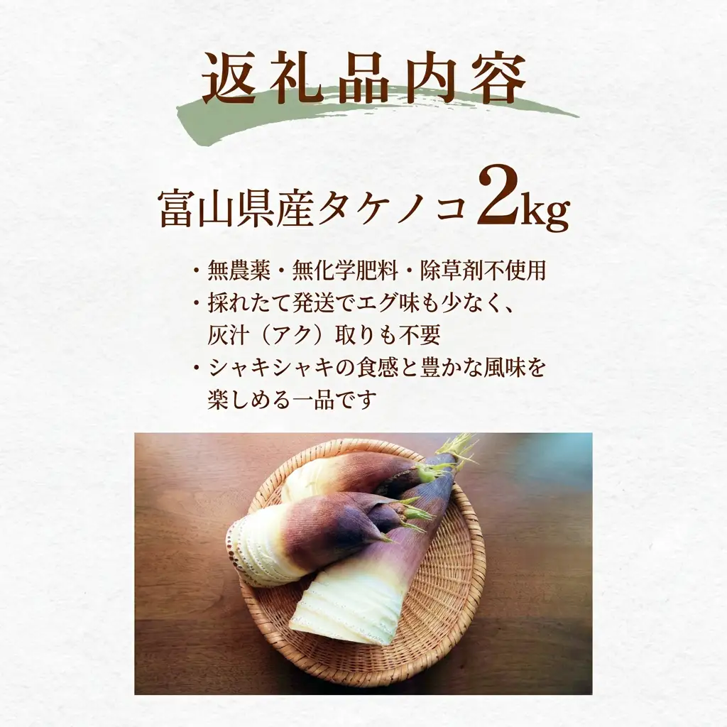  天然タケノコ 2kg 朝掘り 採れたて筍発送 富山県産 ＜農薬・化学肥料・除草剤不使用＞