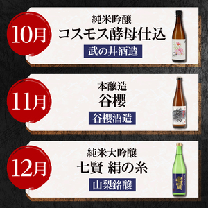 【12ヵ月定期便】集え！日本酒ラバー！北杜市蔵元　日本酒　計12本定期便　各月1本お届け！ 日本酒 12ヶ月 定期便 720ml 12本 各月1本 飲み比べ 純米吟醸 純米酒 七賢 生?造り 本醸造 山梨銘醸 谷櫻酒造 武の井酒造 蔵元 晩酌 ギフト 贈り物 プレゼント 酒 家飲み 山梨県 北杜市 母の日 父の日 [h169]