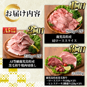 No.1247 ＜定期便・全3回(連続)＞カミチクグループの定番！鹿児島県産黒毛和牛定期便(合計1.3kg) 牛肉 黒毛和牛 和牛 ステーキ スライス 焼肉 BBQ キャンプ 定期便 頒布会 A5 冷凍 ギフト 贈答【LRプラスK】