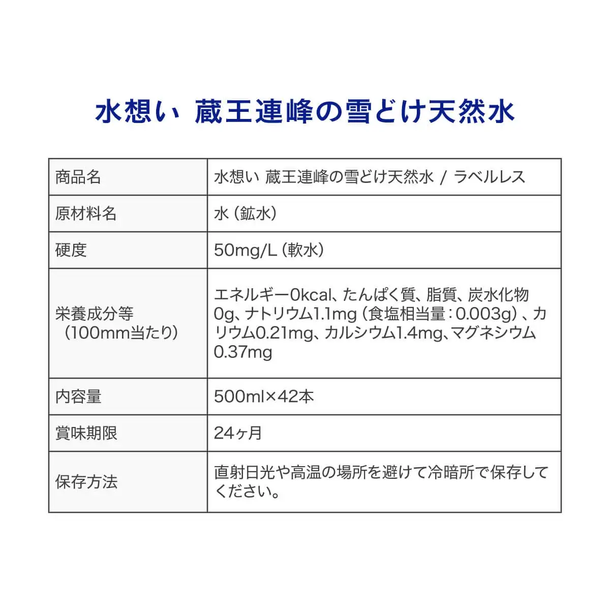 水想い 蔵王連峰の雪どけ天然水 ラベルレス　500ml×42本【04301-0732】水 ミネラルウォーター