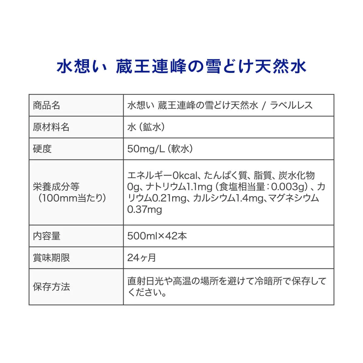 9か月定期 水想い 蔵王連峰の雪どけ天然水 ラベルレス　500ml×42本【04301-0738】水 ミネラルウォーター