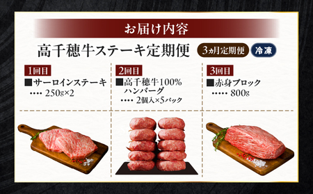【3か月定期便】 高千穂牛ステーキ定期便 牛肉 肉 お肉 サーロイン ステーキ 赤身 赤身ブロック 定期便 定期 国産牛 ブランド牛 和牛 ローストビーフ  ハンバーグ 国産 贈答 贈り物 簡単調理 おかず 普段使い 宮崎県 高千穂 _Tk002-t083