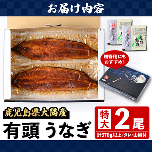【A57003】土用の丑の日 特大うなぎ 蒲焼 有頭 (2尾 計370g以上 タレ・山椒付) 鹿児島 国産 大隅産 鰻 蒲焼き【一般社団法人きもつき宇宙協議会】