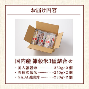 国内産 雑穀米3種詰め合わせ （GABA雑穀米・美人雑穀米・五種玄氣雑穀米　各2個）_米 雑穀米 おいしい 3種 6パック 詰め合わせ セット 1460g 1回 国内産 体にやさしい 混ぜて炊くだけ 主食 おにぎり 冷めても美味しい お弁当 ブレンド 日本雑穀アワード 2年連続 金賞 GABA雑穀米 美人雑穀米 五種玄氣米 送料無料 〔Gr013〕
