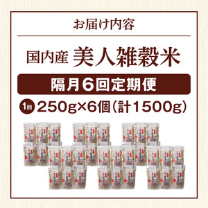 【隔月6回　定期便】国内産 美人雑穀米 250g×6個 1500g×6回_雑穀米 国内産 250g × 6個 お届け回数 6回 美人雑穀米 雑穀 12種 ブレンド 混ぜて炊くだけ 冷めても美味しい 胚芽押麦 もち玄米 発芽 玄米 もち黒米 ハト麦 もち麦 もちきび 黒大豆 もちあわ 簡単 主食 おにぎり 弁当 ふっくら もちもち 〔Tk028〕