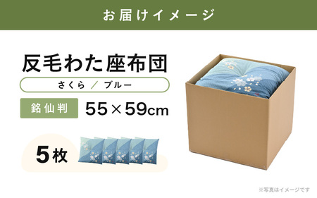 床の硬さを感じにくい「反毛わた」座布団 側地綿100％（銘仙判55cm×59cm）5枚組【さくら】【ブルー】 [B-20404_03]