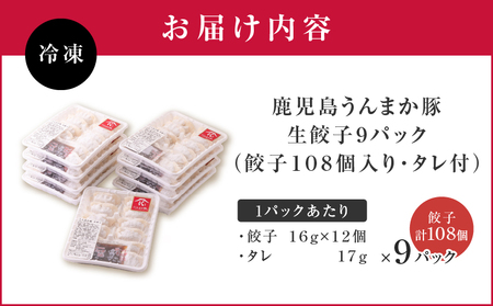 鹿児島うんまか 豚 生餃子 9パック（ 餃子 108個入り・ タレ付 ） K005-003_02 肉 豚肉 惣菜 総菜 冷凍