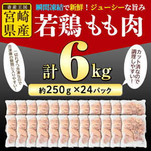 鶏肉 もも肉 小分け 個別凍結(計6kg・250g×24P) お肉 鳥肉 とり肉 切身 カット済 個別凍結 IQFカット 国産 宮崎県産 唐揚げ から揚げ からあげ 冷凍 便利 【NK-07】【南九フーズ】