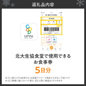 北大生協食堂で利用できる　お食事券5日分（1日上限700円）