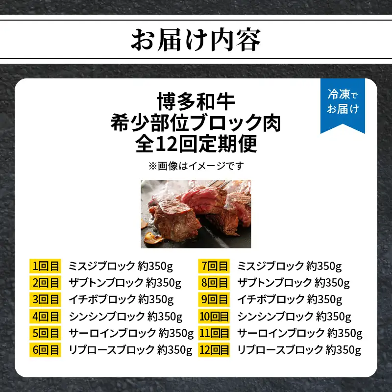 博多和牛 希少部位ブロック 定期便全12回 肉 和牛 牛 牛肉 希少ミスジ ザブトン イチボ シンシン サーロイン リブロース ステーキ 焼肉 ロースト 煮込み 福岡県 八女市 072-T153