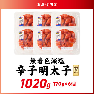 減塩明太子　切子　170g×6個　1020g_減塩明太子 切子 辛子明太子 内容量 1020g 訳あり 無着色 減塩 明太子 切れ子 アツアツご飯 相性抜群 プチプチ はじける 老舗 明太子メーカー 秘伝 調味液 酒の肴 ご飯のお供 パスタ おにぎり トースト 卵焼き もつ鍋 福岡県 久留米市 〔Mm004〕