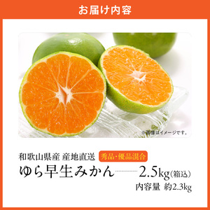 MK1057_【2026先行予約】ゆら早生 みかん 箱込 2.5kg ( 内容量 2.3kg ) S M Lサイズのいずれか 秀品 優品 混合 有田みかん 和歌山県産