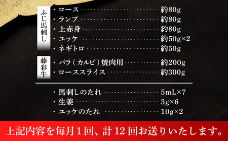 【全12回定期便】「フジチクオリジナル」ふじ馬刺しと藤彩牛の贅沢食べ比べセット 3906 馬刺し ユッケ BHAD056 ユッケ