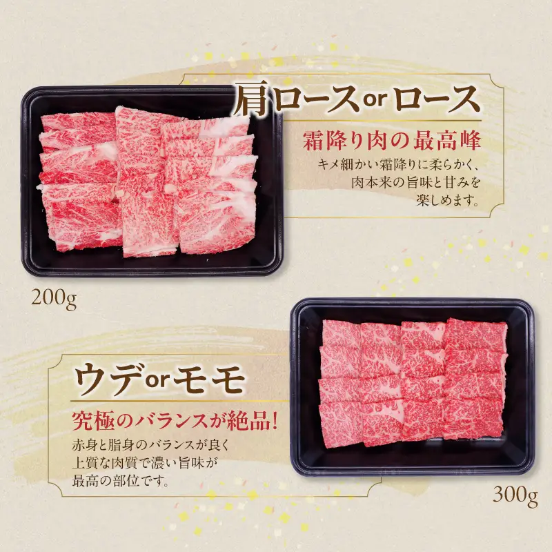 畜産農家応援! 宮崎牛焼肉2種500gセット(霜降り200g 赤身300g)〔13-N2-002-500g-S2A3〕_(都城市) 赤身 霜降り 食べ比べ 肩ロース又はロース ウデ モモ 焼き肉 牛肉 とろける BBQ 焼肉