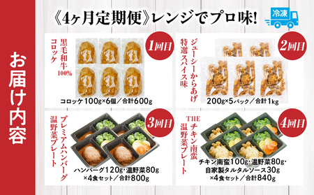 【4か月定期便】レンジでプロ味！定期便高千穂牛 黒毛和牛 コロッケ からあげ 温野菜 ハンバーグ プレート チキン南蛮 レンジ 電子レンジ プロの味 定期便 簡単調理 時短料理 一人暮らし 献立 本格料理 弁当 冷凍_Tk005-t041