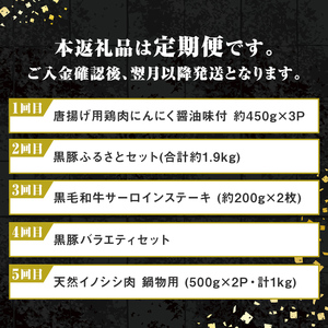【E90002】＜定期便・全5回＞肝付町セレクト定期便《肉だらけ定期便B》 鹿児島 牛肉 黒毛和牛 豚肉 黒豚 鶏肉 唐揚げ 味付け 定期便 セレクト 加工品 肉加工品 簡単調理 冷凍 冷凍食品 【株式会社きもつき未来商社そらまち】