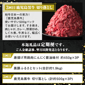 【E90001】＜定期便・全3回＞肝付町セレクト定期便《肉だらけ定期便A》 鹿児島 牛肉 黒毛和牛 豚肉 黒豚 鶏肉 唐揚げ 味付け 定期便 セレクト 加工品 肉加工品 簡単調理 冷凍 冷凍食品 【株式会社きもつき未来商社そらまち】
